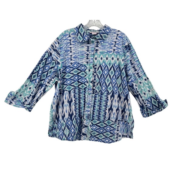 Allison Daley Tops - Allison Daley Plus 1X Blue Ikat Patchwork Cotton Button Front 3/4 Sleeve Blouse